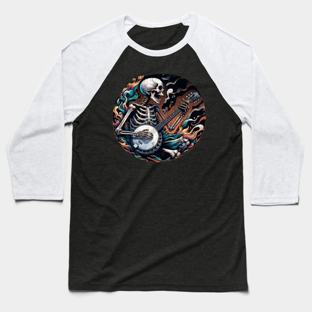 Skeleton Playing a Banjo Baseball T-Shirt by DetourShirts